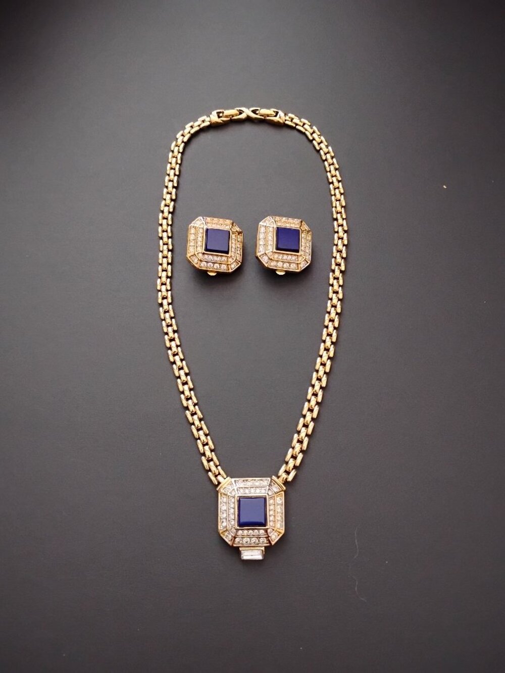 Vintage Nina Ricci D'Orlan 22k Gold Faux Lapis Swarovski Crystal Set Signed